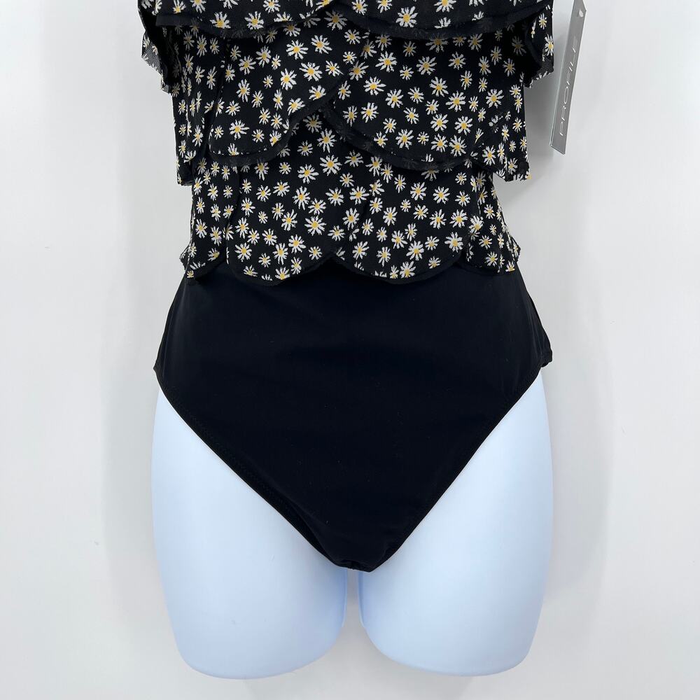 PROFILE BY GOTTEX One Piece Swimsuit Women 10 Black Daisy Ruffle Scoop Neck New - Picture 7 of 12